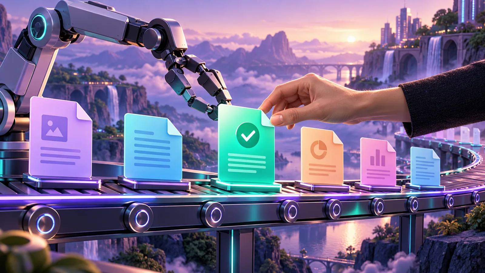 Violet and teal document workflow with a robotic gripper and a human approval checkpoint