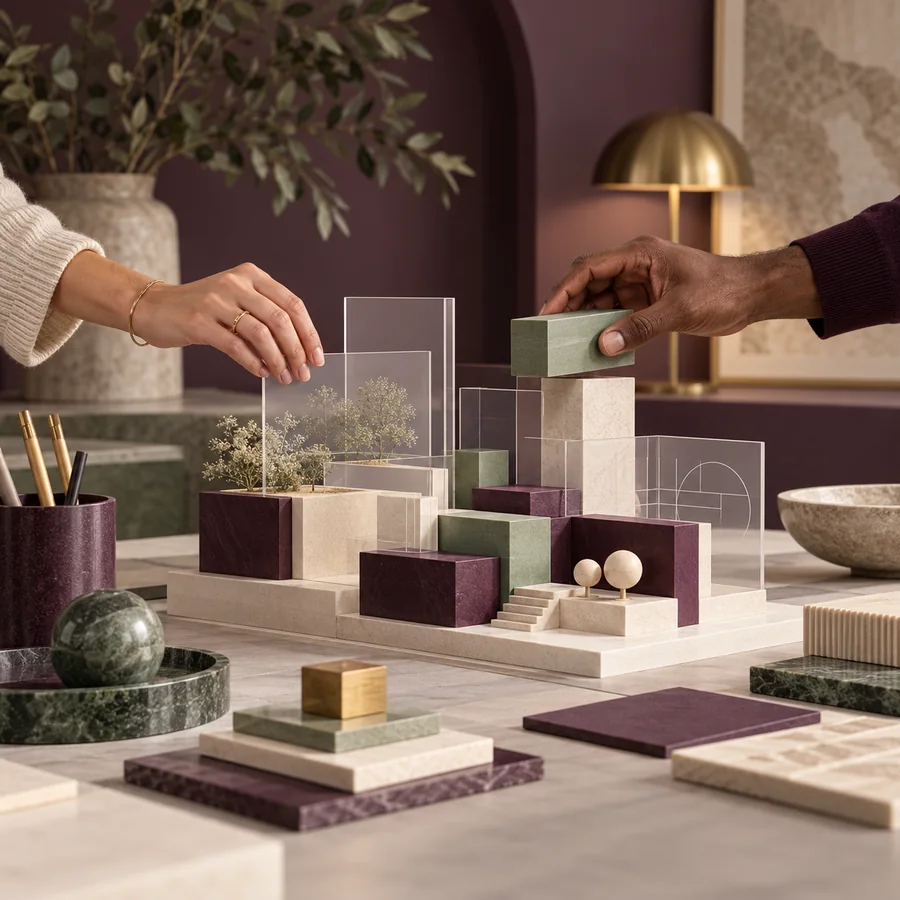 Hands arranging a shared software project plan in a plum and sage editorial workspace