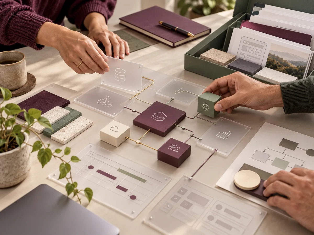 Collaborative planning modules and a documented handover kit on a design table
