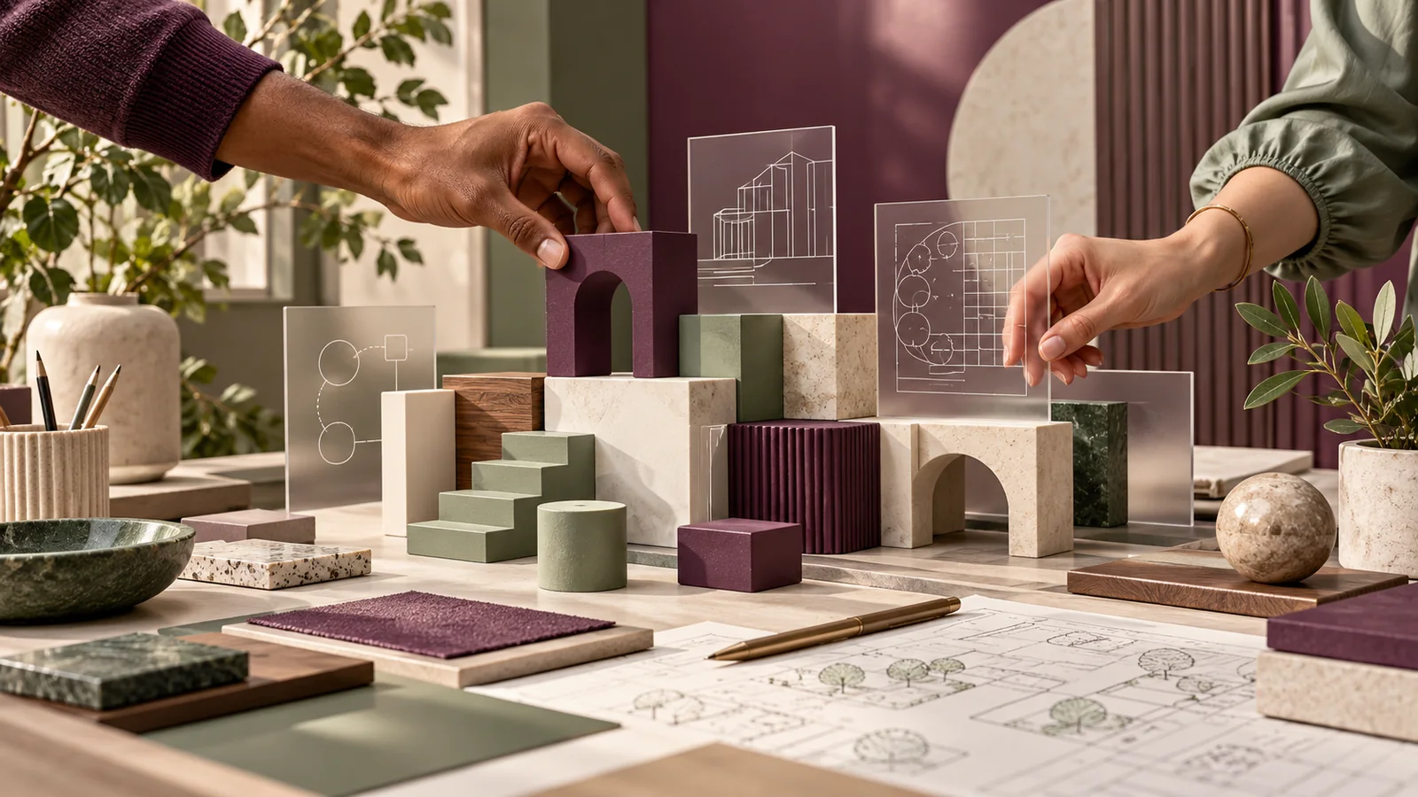 Hands arranging a shared software project plan in a plum and sage editorial workspace