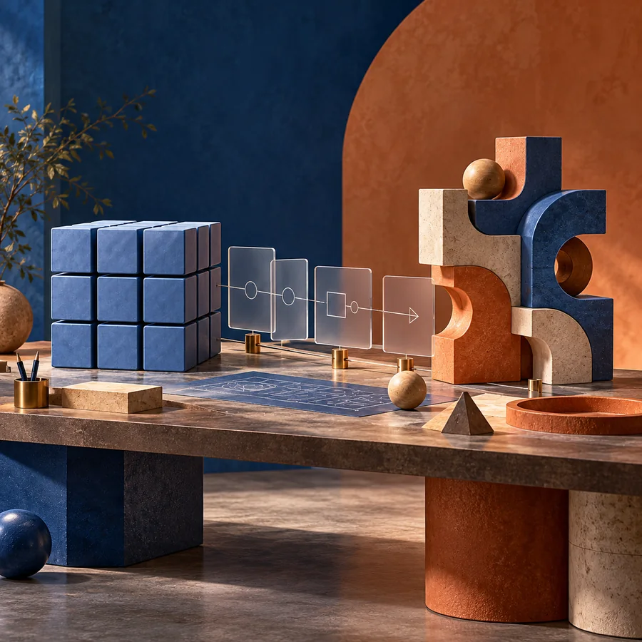 Standard modular cubes and a bespoke connected software structure in blue and terracotta