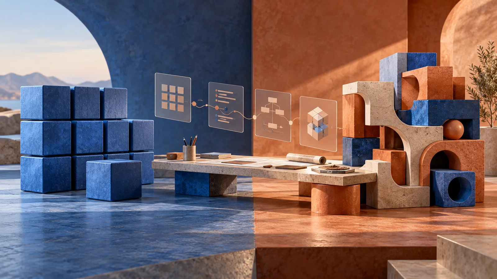 Standard modular cubes and a bespoke connected software structure in blue and terracotta