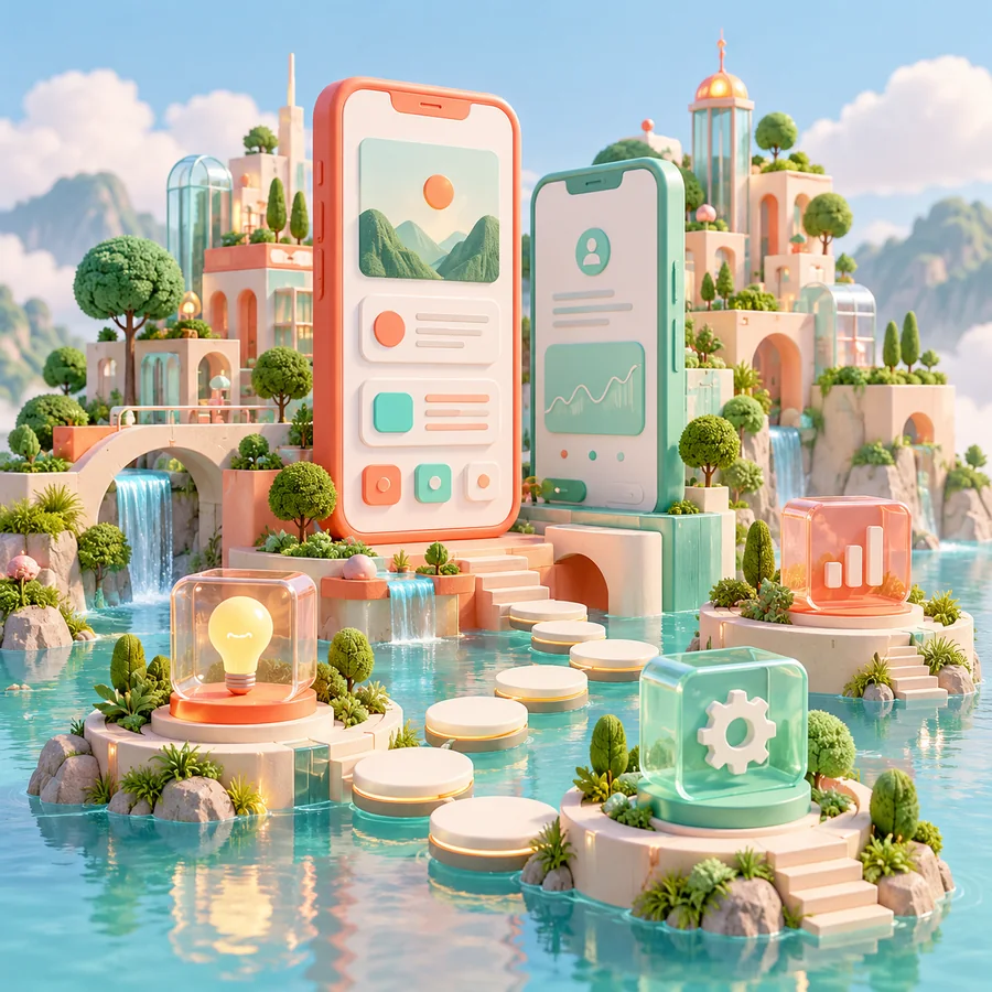 Coral and mint miniature city arranged around mobile task screens and connected feature modules