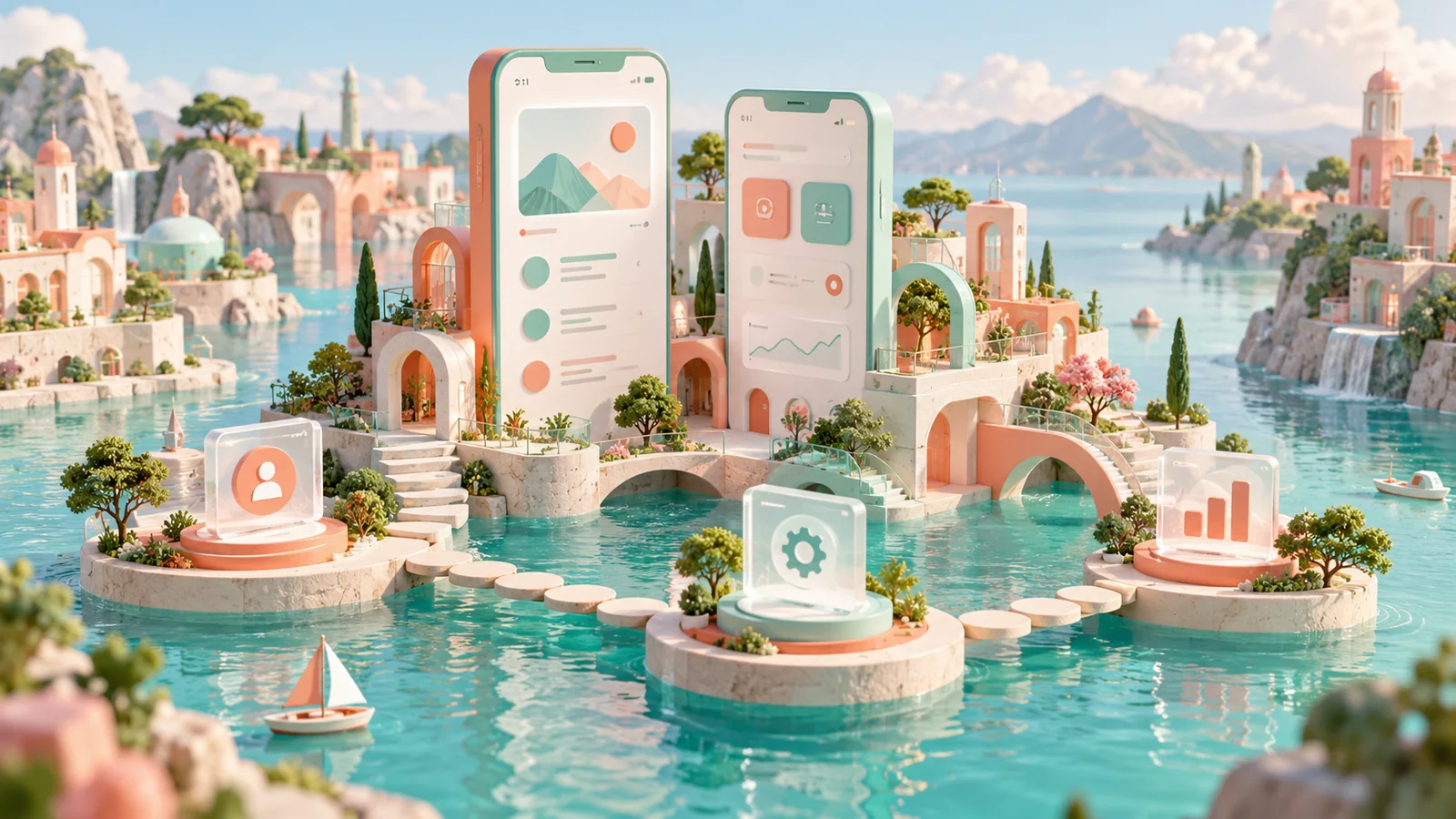 Coral and mint miniature city arranged around mobile task screens and connected feature modules