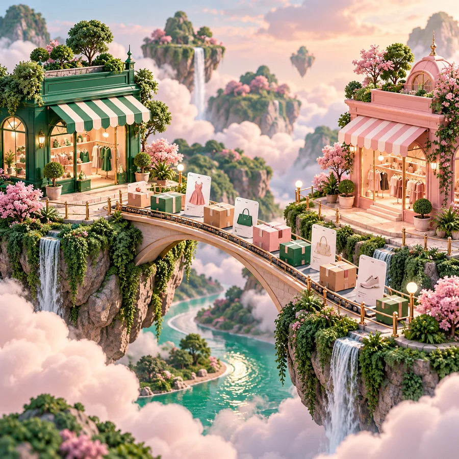Emerald and pink miniature stores connected by a bridge carrying products and packages