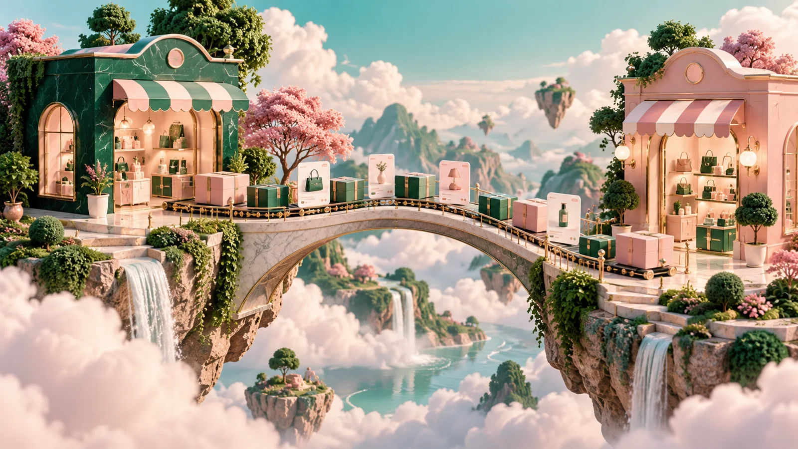 Emerald and pink miniature stores connected by a bridge carrying products and packages