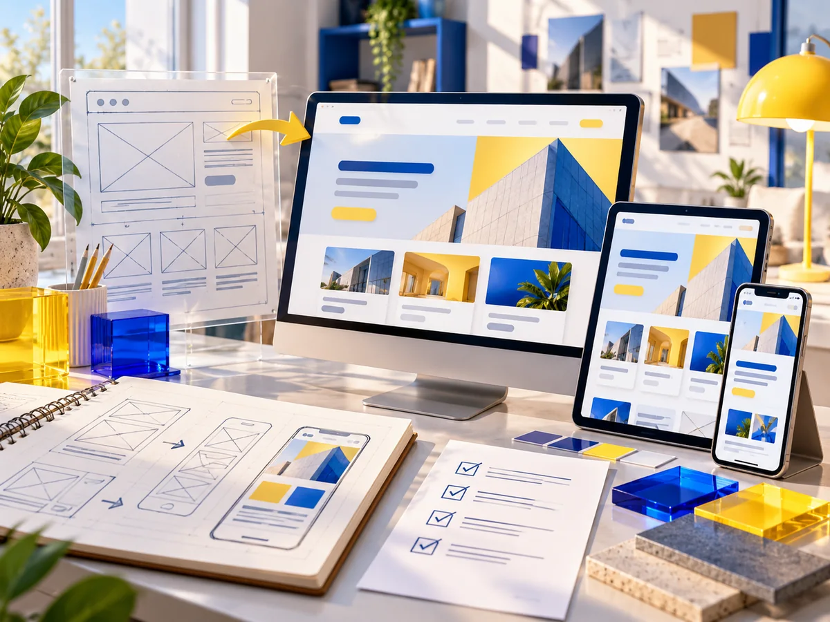 Responsive website wireframes and polished screens shown as connected design layers