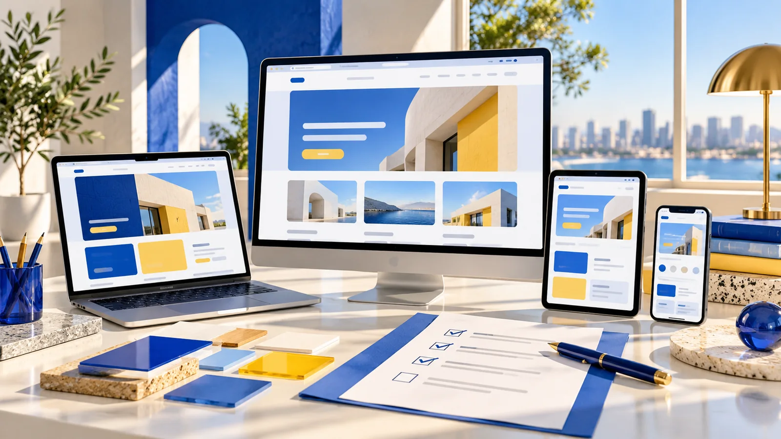 Blue and yellow responsive website panels arranged in an architectural design studio