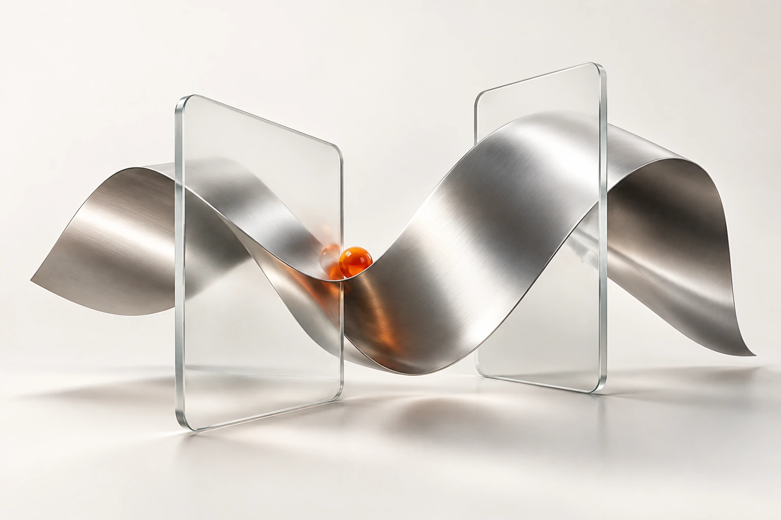 A sculpted silver wave balanced between glass panels represents thoughtful interface design