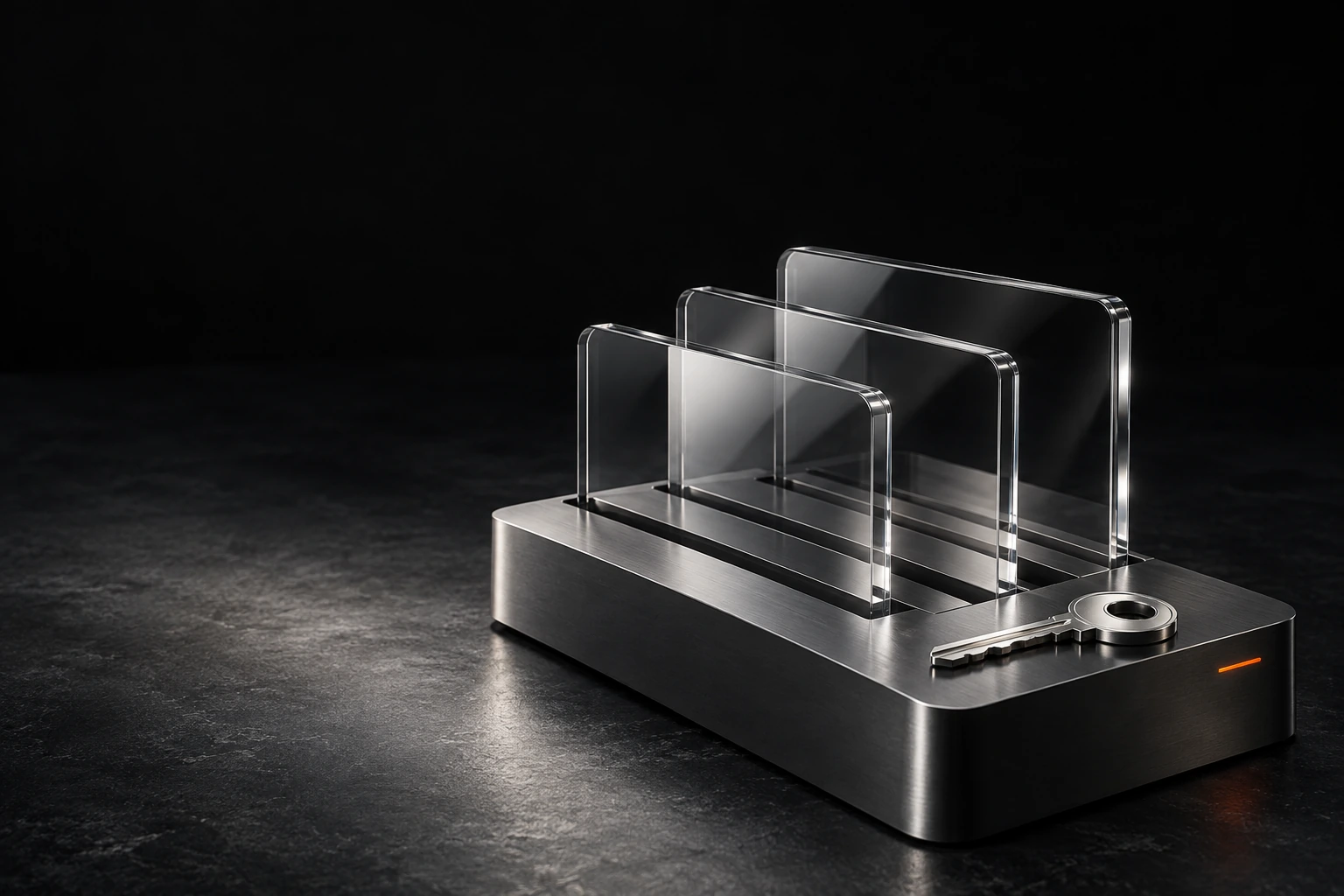 Glass panels and a silver key neatly arranged in a graphite case, representing source code ownership and a complete handover