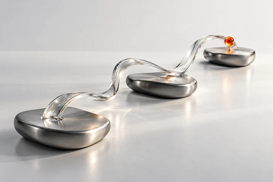 A glass pathway connects titanium stepping stones, illustrating a considered digital strategy