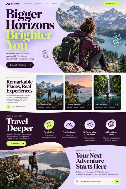 Original adventure travel landing-page concept with mountain photography and vivid chartreuse typography