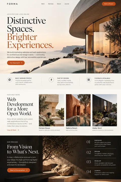 Original architectural practice landing-page concept with editorial typography and modern home photography