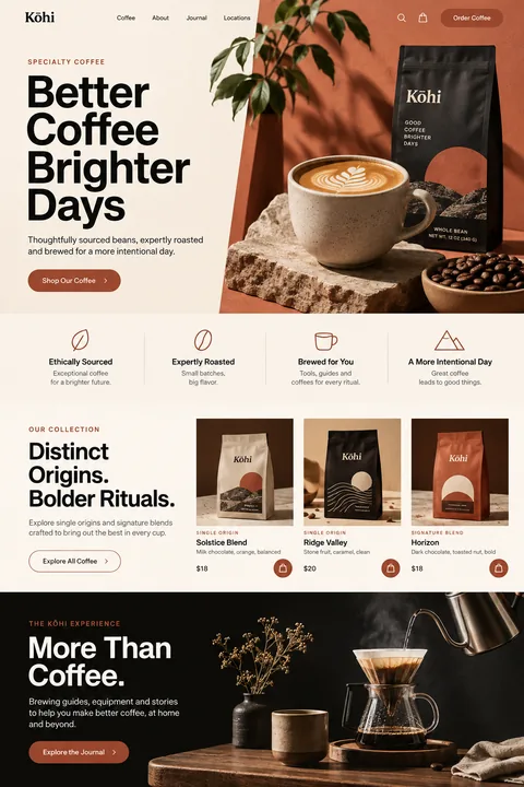 Original specialty coffee landing-page concept with warm terracotta photography and an ecommerce collection