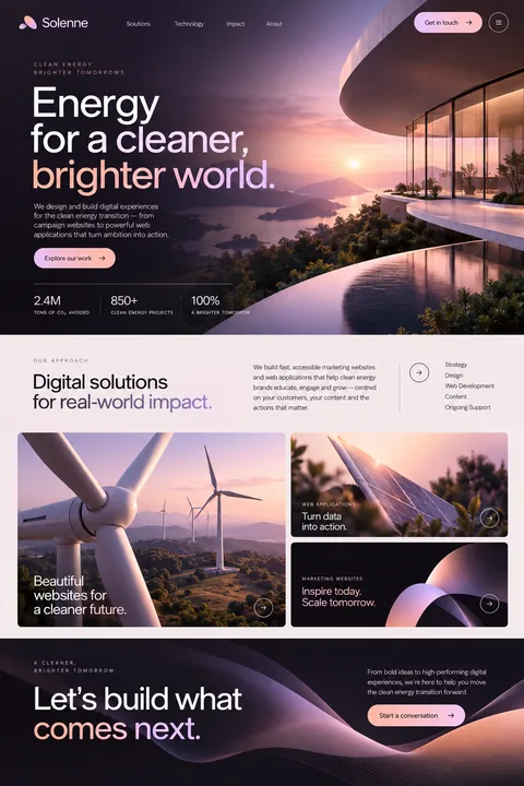 Original clean-energy landing-page concept with solar architecture and a green energy-flow visual
