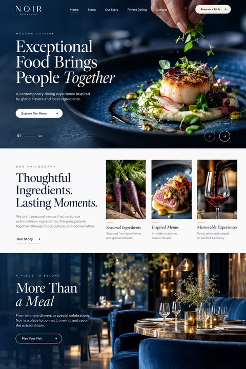 Original restaurant landing-page concept with burgundy editorial styling and food photography