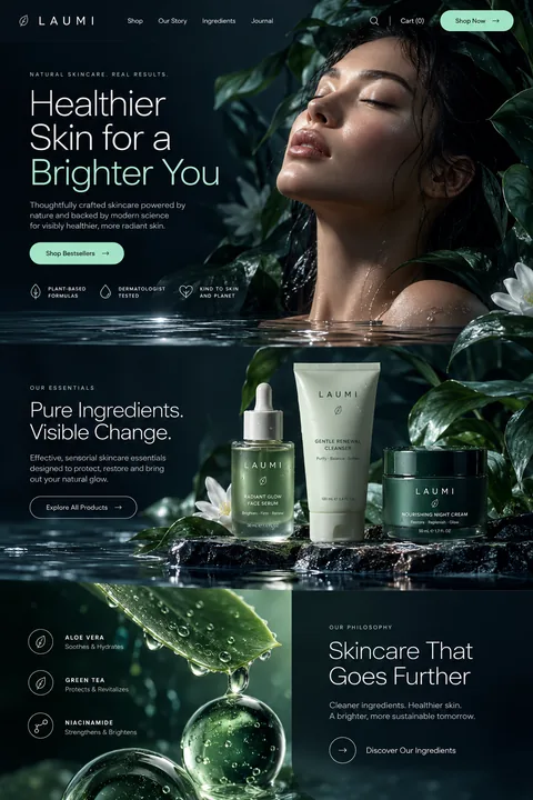Original skincare landing-page concept with warm pastel product photography and a collection layout