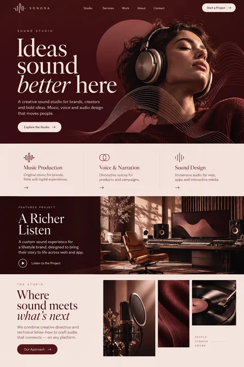 Original sound-studio landing-page concept with chrome artwork, violet lighting, and bold orange typography