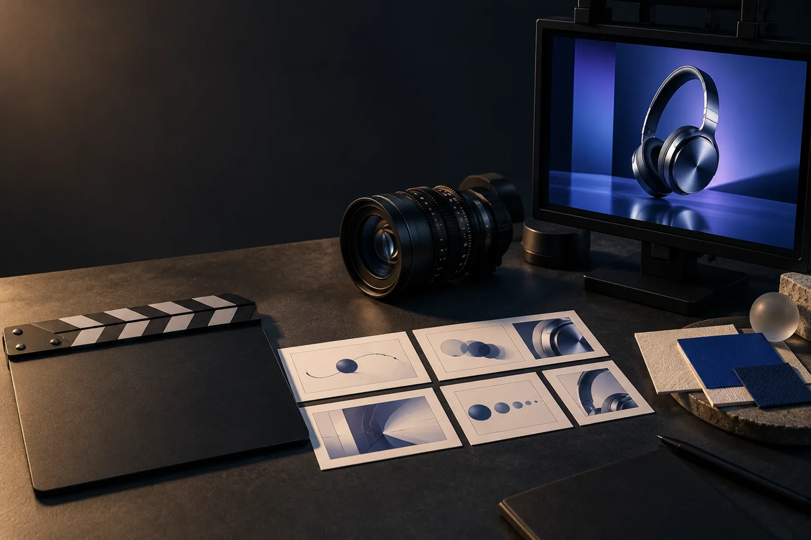 Storyboards, a cinema lens and an editing monitor arranged on a creative production desk