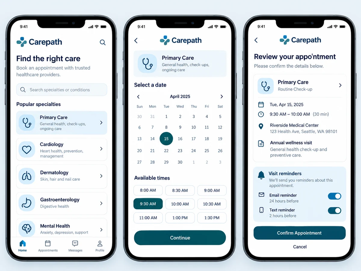 Carepath detailed interface design showing the next step in appointment coordination