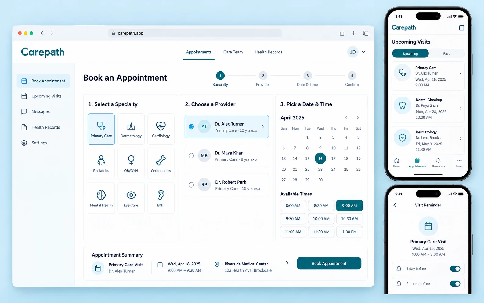 Carepath original mobile booking application design study showing appointment coordination