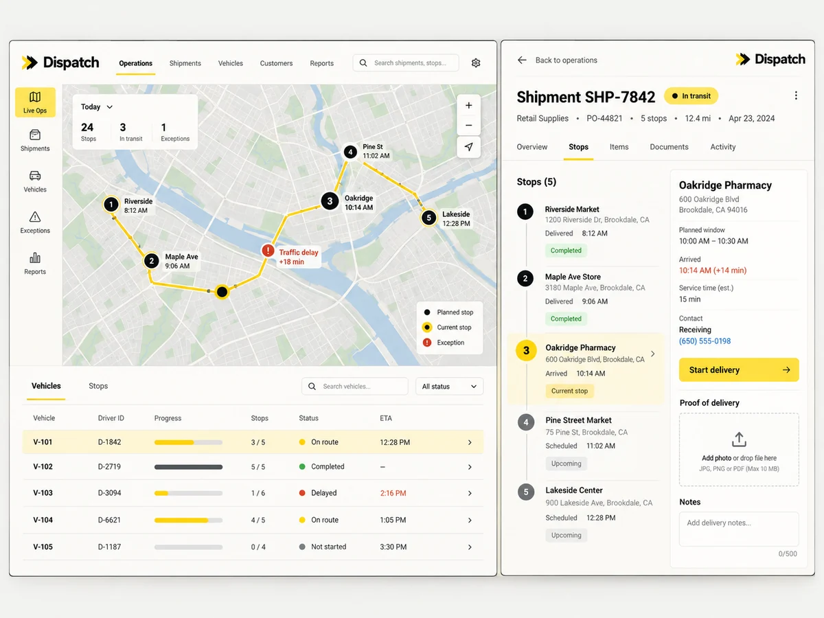 Dispatch detailed interface design showing the next step in delivery coordination