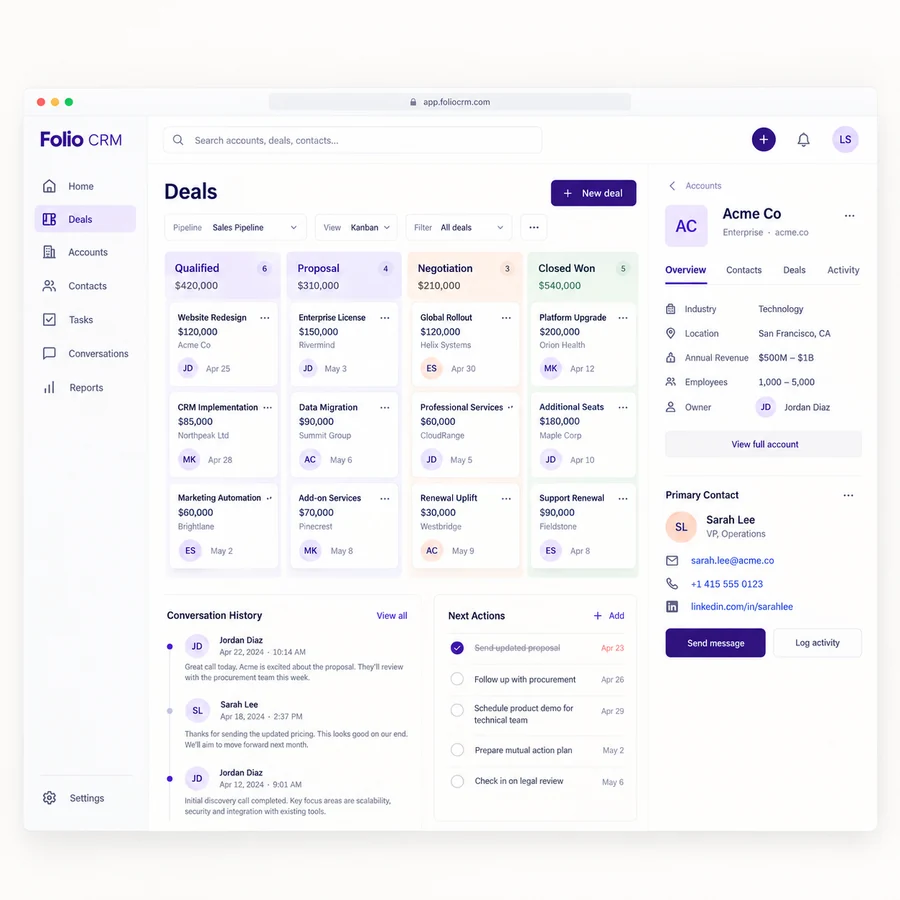 Folio CRM original crm web application design study showing sales follow-up