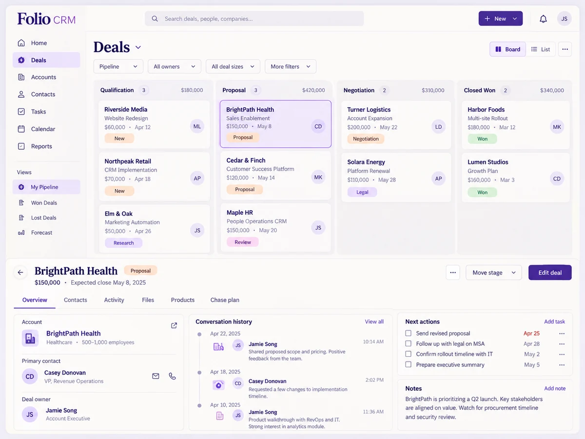 Folio CRM detailed interface design showing the next step in sales follow-up