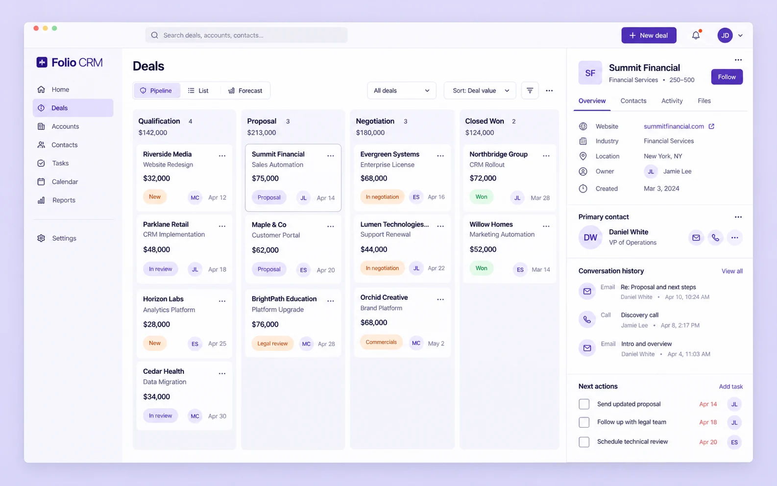 Folio CRM original crm web application design study showing sales follow-up
