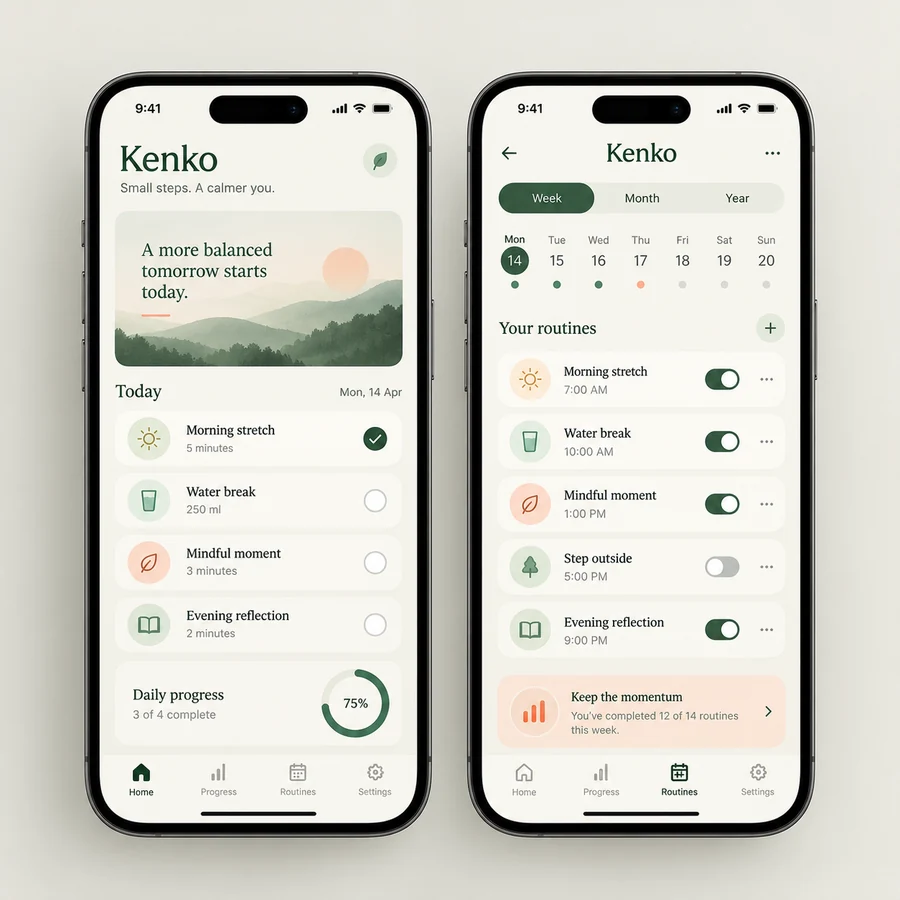 Kenko original mobile application design study showing daily routines