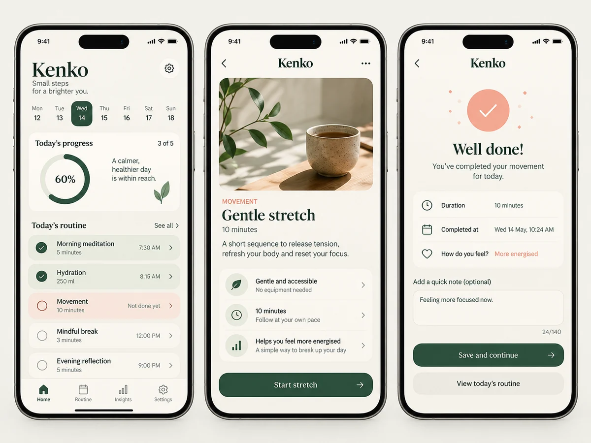 Kenko detailed interface design showing the next step in daily routines