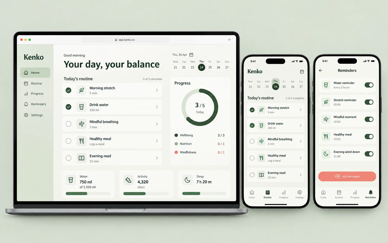Kenko original mobile application design study showing daily routines