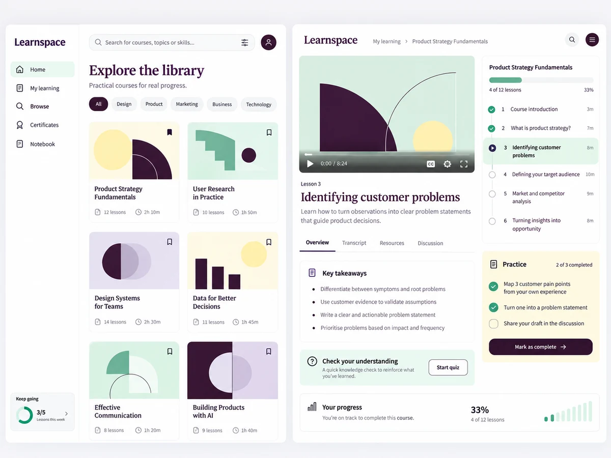 Learnspace detailed interface design showing the next step in course participation
