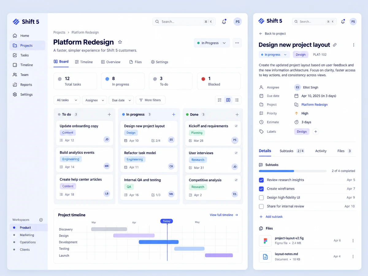 Shift 5 detailed interface design showing the next step in project coordination