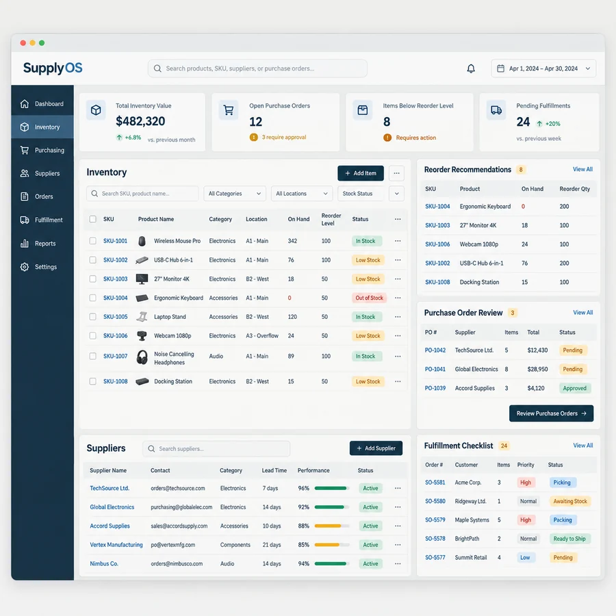 SupplyOS original erp web application design study showing inventory operations