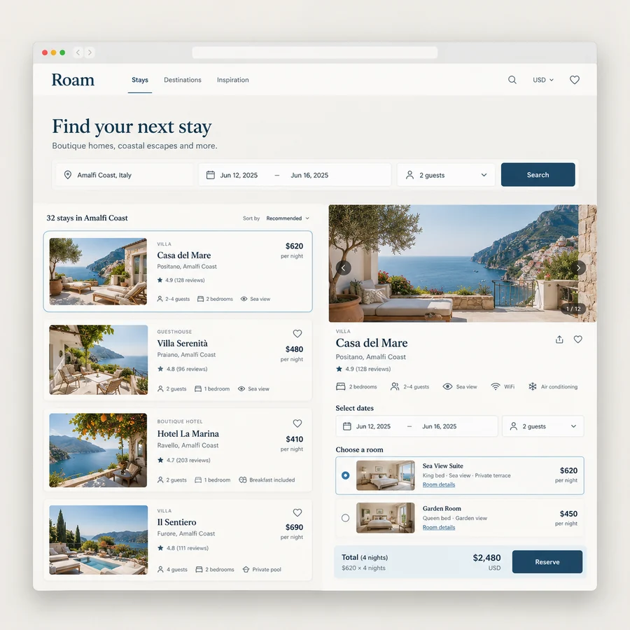 Roam original booking website design study showing stay booking