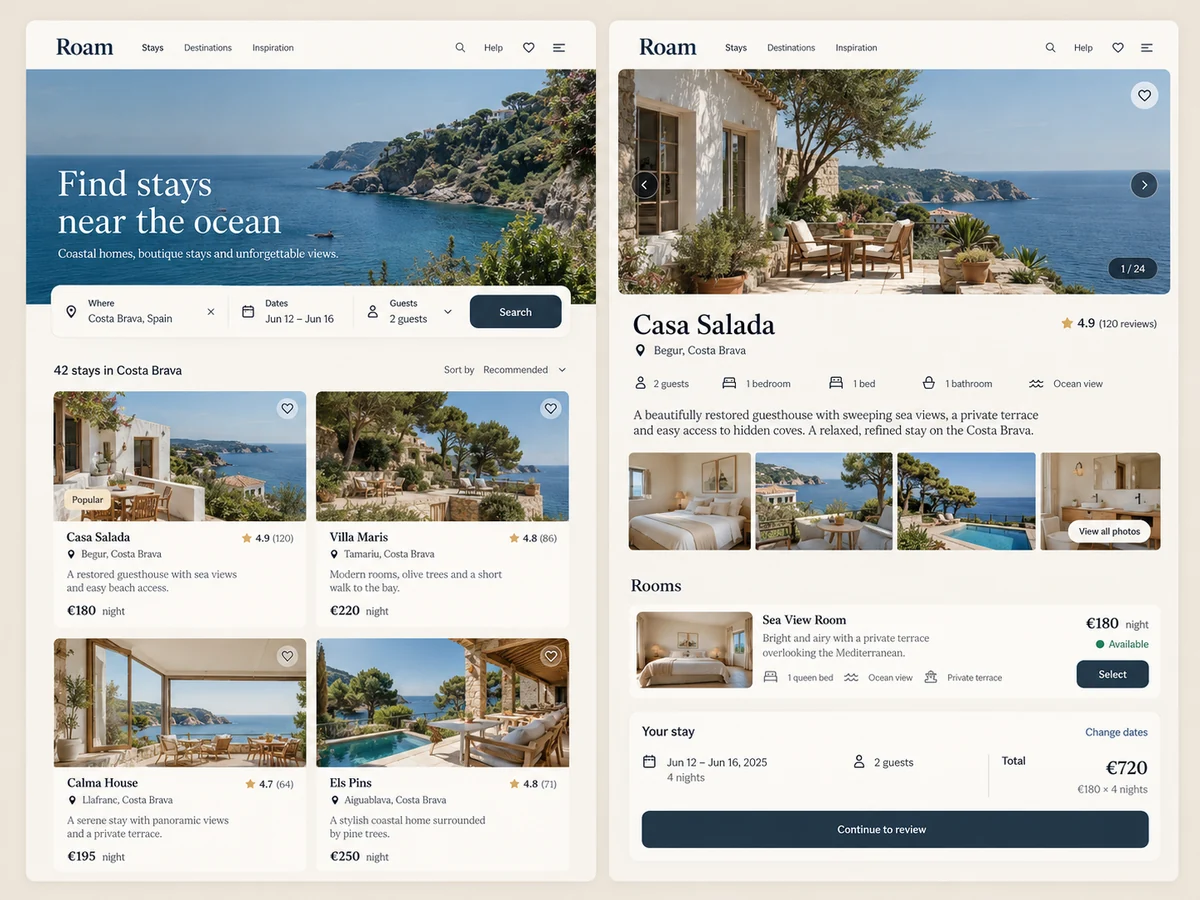 Roam detailed interface design showing the next step in stay booking