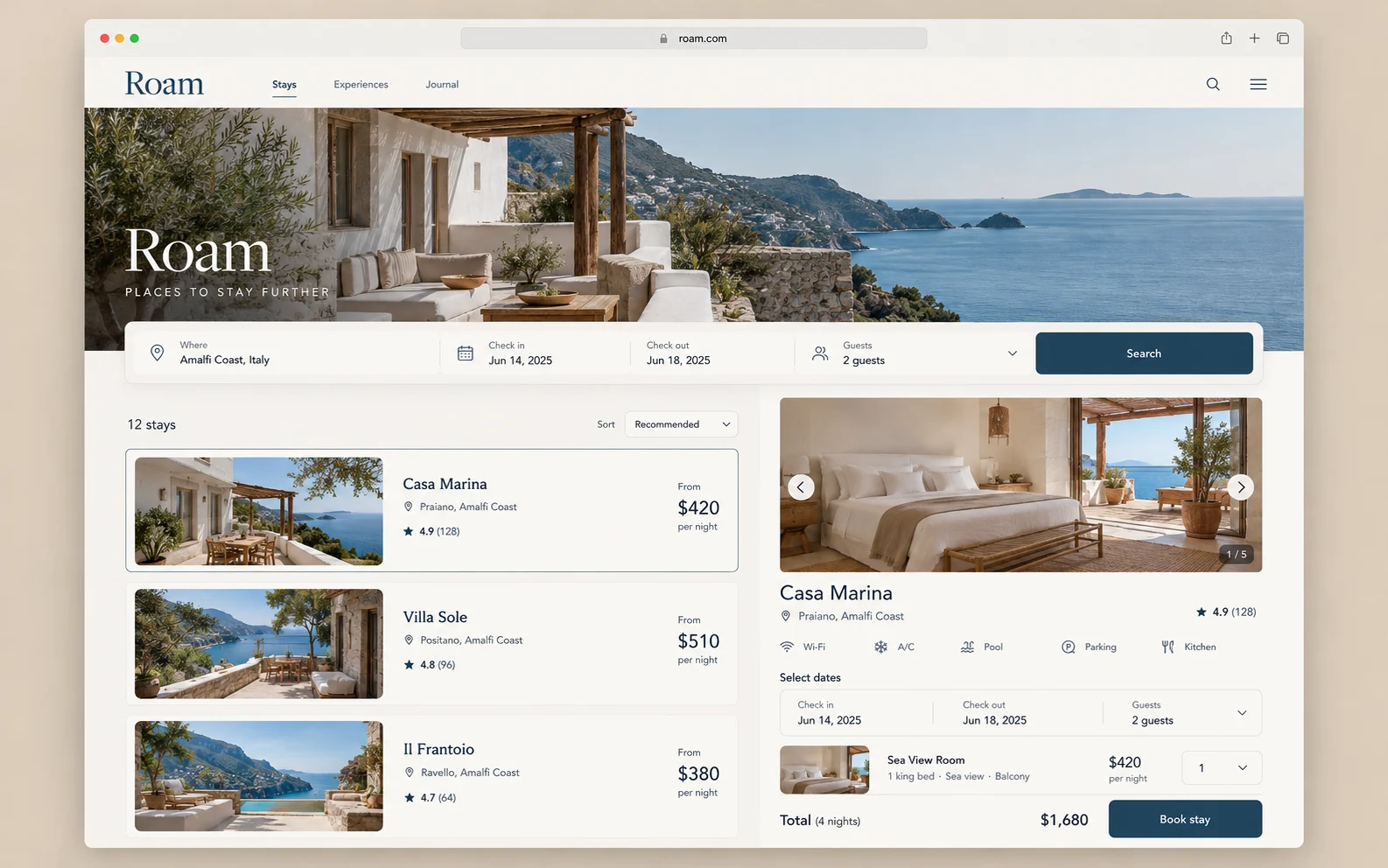 Roam original booking website design study showing stay booking