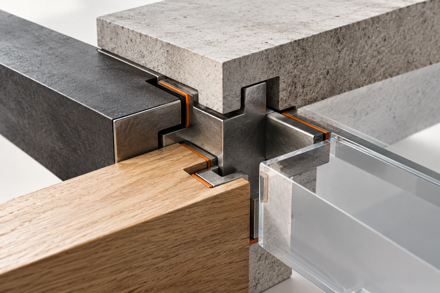 Stone, metal, wood, and glass connected through one carefully engineered joint, illustrating different disciplines working together