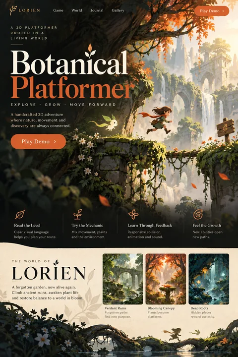 Original botanical platformer interface concept illustrating 2d game development
