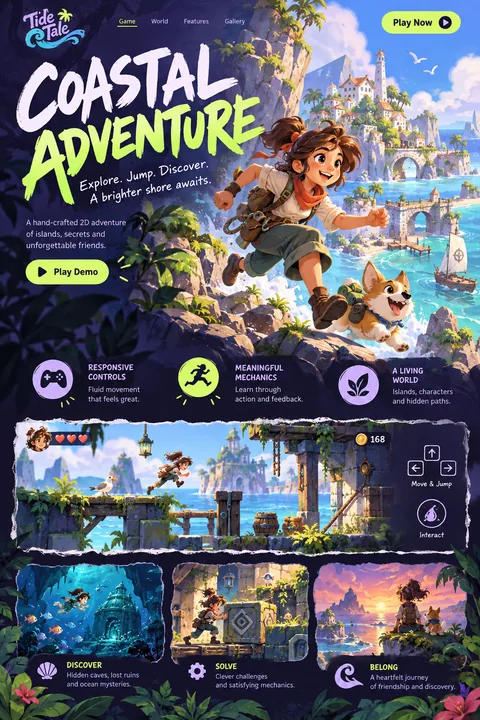 Original coastal adventure interface concept illustrating 2d game development