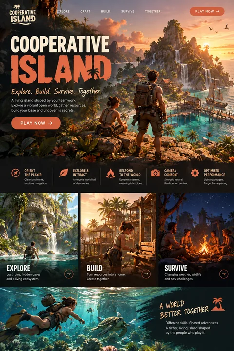 Original cooperative island interface concept illustrating 3d game development