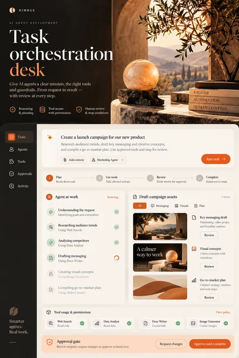 Original task orchestration desk interface concept illustrating ai agent development