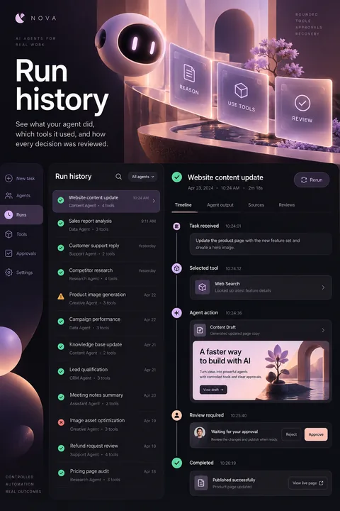 Original run history interface concept illustrating ai agent development