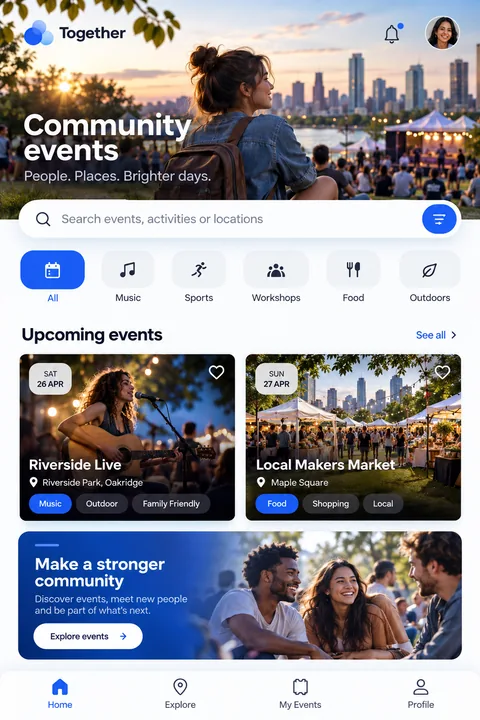 Original community events interface concept illustrating android app development
