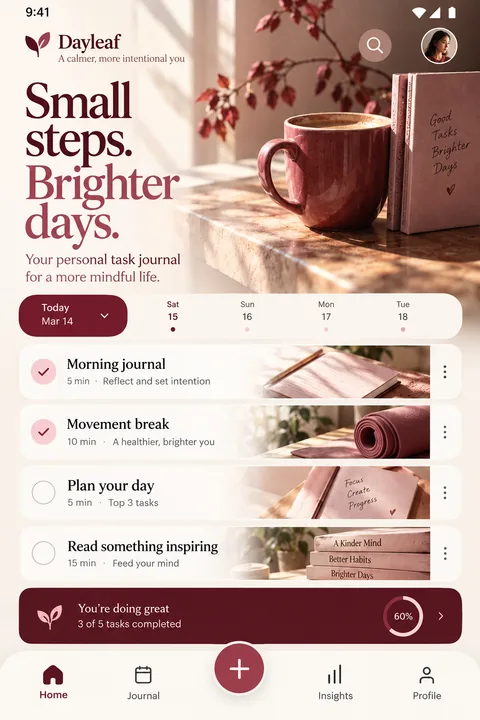 Original personal task journal interface concept illustrating android app development