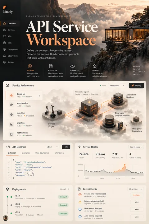 Original api service workspace interface concept illustrating cloud application development