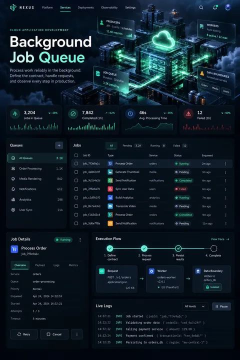 Original background job queue interface concept illustrating cloud application development