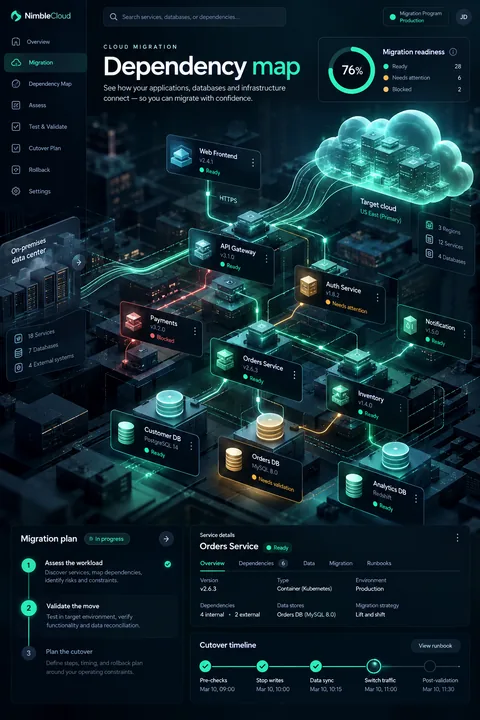 Original dependency map interface concept illustrating cloud migration