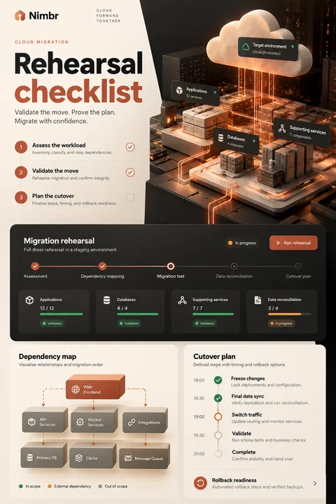 Original rehearsal checklist interface concept illustrating cloud migration